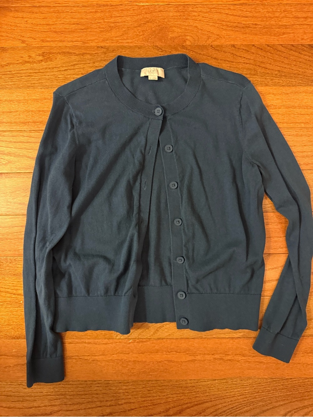 LOFT Dark Navy Button-Front Crewneck Cardigan